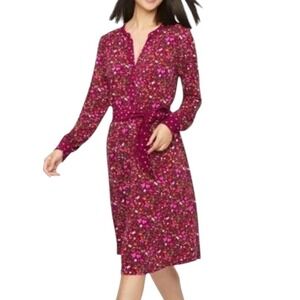 Talbots Womens Burgundy Floral Knit Midi Dress Long Sleeve Tie Waist Large